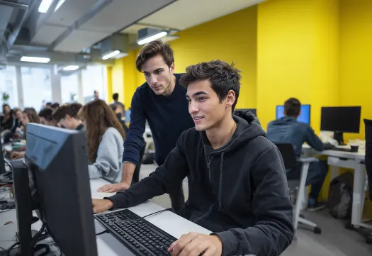Un étudiant travaille sur ordinateur, sous le regard d’un intervenant, dans une salle de classe informatique.