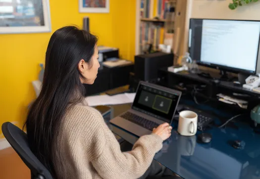Une étudiante travaille sur un ordinateur portable depuis son bureau à domicile. 